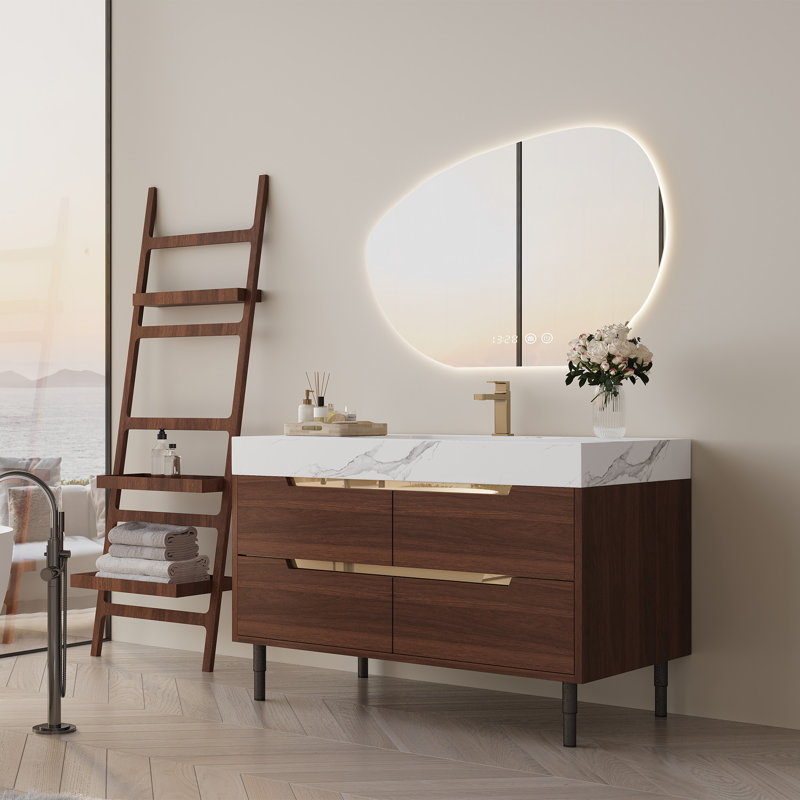 Lioren 35.4" Modern Sintered Stone Vanity With Soft-Close Drawers And Waterproof Wood, Walnut
