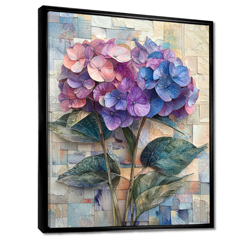 Collage abstrait floral d'hortensia II - art mural hortensia, H 32 po x l 24 po, Reproduction avec cadre flottant, Noir