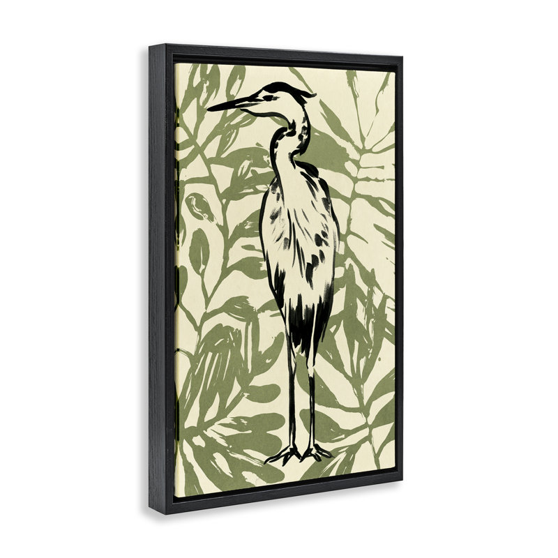 «Wild Heron & Leaves» par June Erica Vess, Cadre flottant noir de jais, H 31 po x l 21 po