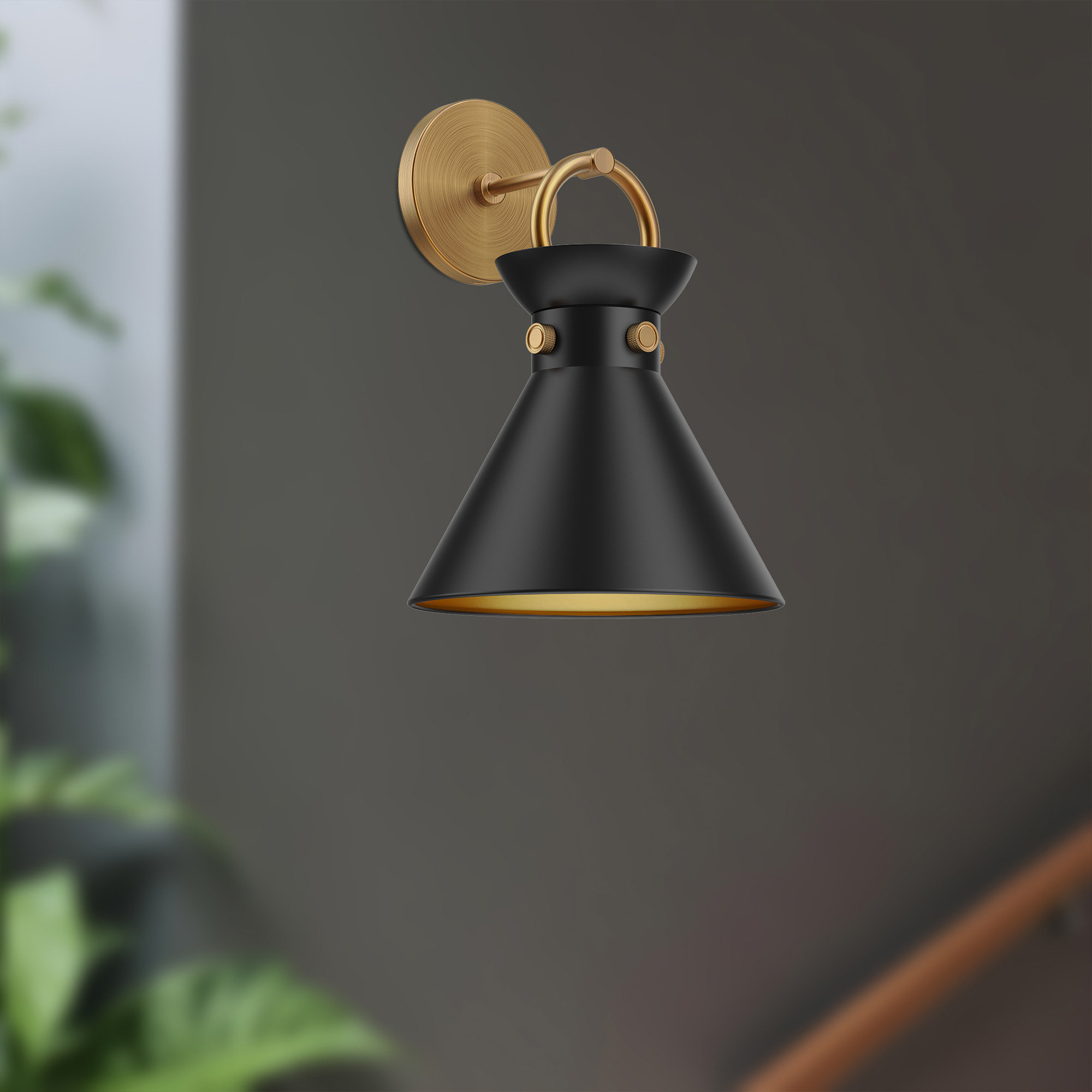 Tiney Single Light Steel Dimmable Armed Sconce, Matte Black, Aged Gold