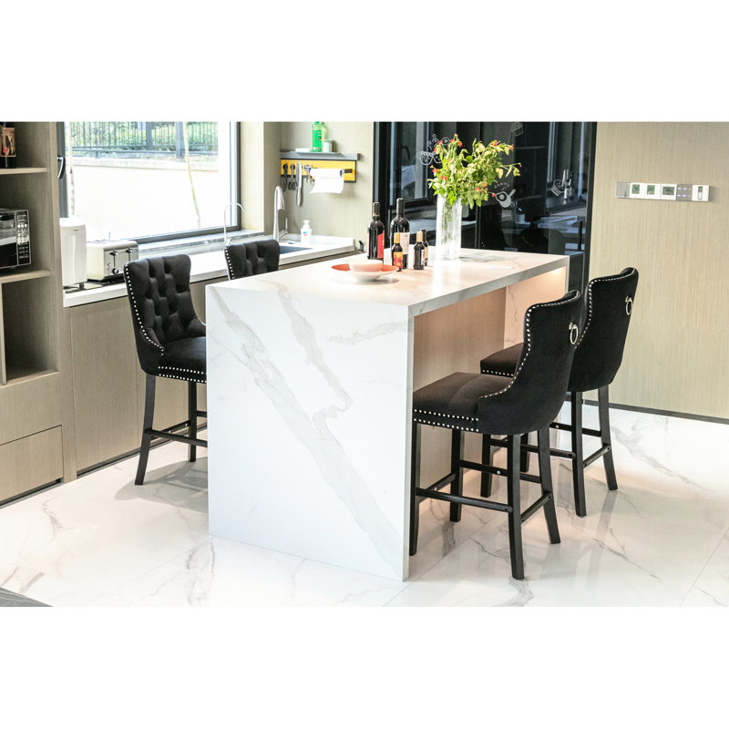Élégante chaise de bar en velours à boutons, fabrication en bois massif, accents, mousse à haut rebond, 2 détails noirs, confortable, 2 pièces