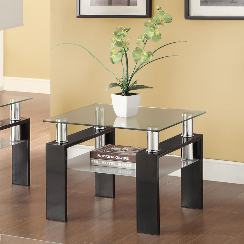 Iginio Square End Table with Glass Top, Black