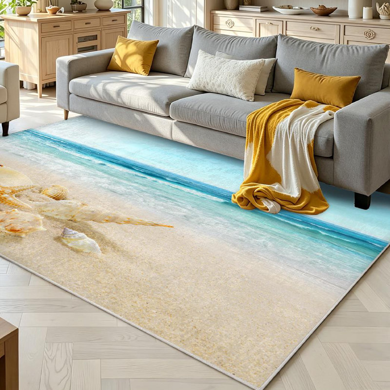 Tapis bleu coquillages bleus Sandy Beach Seashell Sea Summer Water Calm Coast Conch Day Exotic, Rectangle 71 po x 98 po