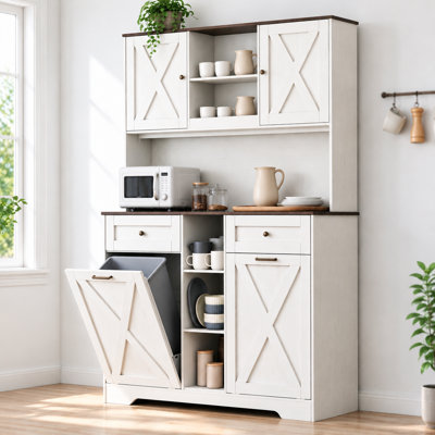 71" H Farmhouse Kitchen Pantry Cabinet, Freestanding Tall Hutch with Double Tilt‑Out Trash Compartments, Power Outlets, 2 Drawers, Hidden Sorting Cabinet for Kitchen & Laundry Room