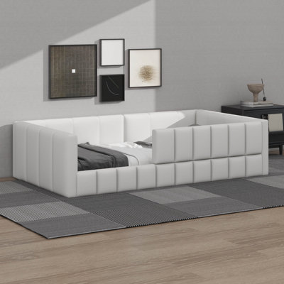 Modern Floor Upholstered Daybed, Low-Profile Woollen Boucle Fabric Corner Sofa Bed Frame with Wooden Slats Support
