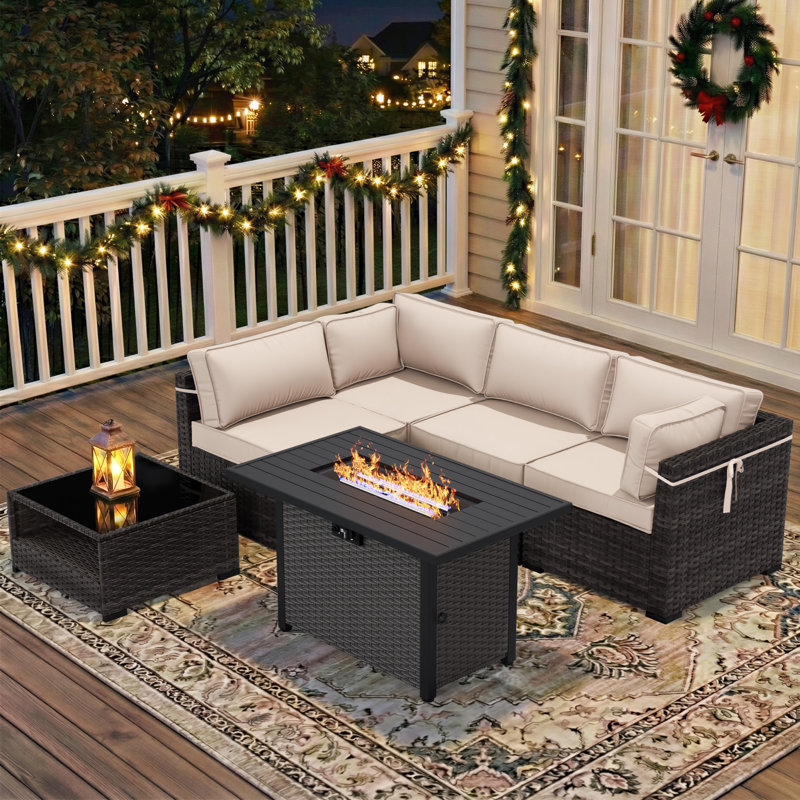 4-Person All-Weather Rattan Modular Patio Lounge Furniture Set with Cushions and Fire Pit Table, Beige, Brown/Gray