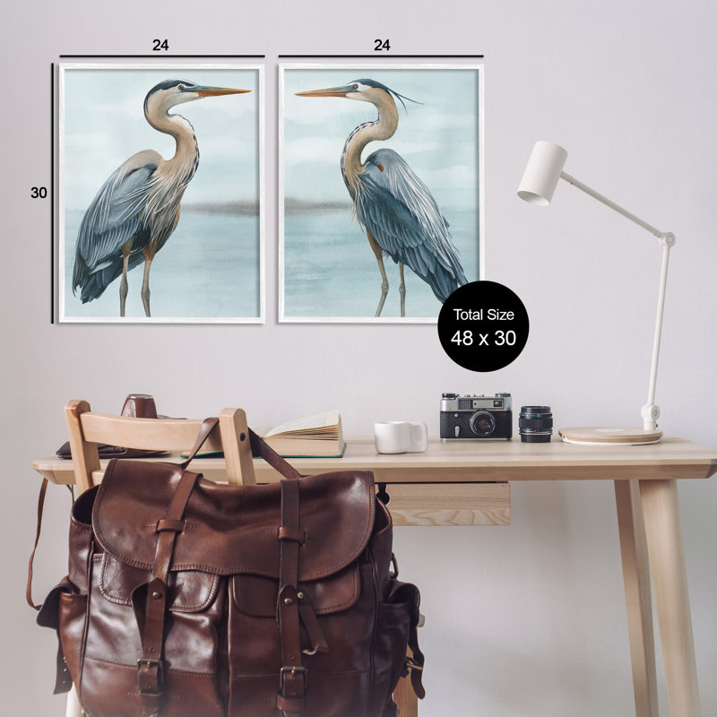 Detailed Heron Bird Duo 2 Piece White Framed Giclee Art Set by Grace Popp, 30" H x 24" W, Coastal White Framed Giclee