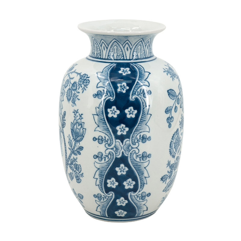 Porcelain Flower Vase with Floral Patterns - 5"Dia. .5" x 8.7" - Blue /White