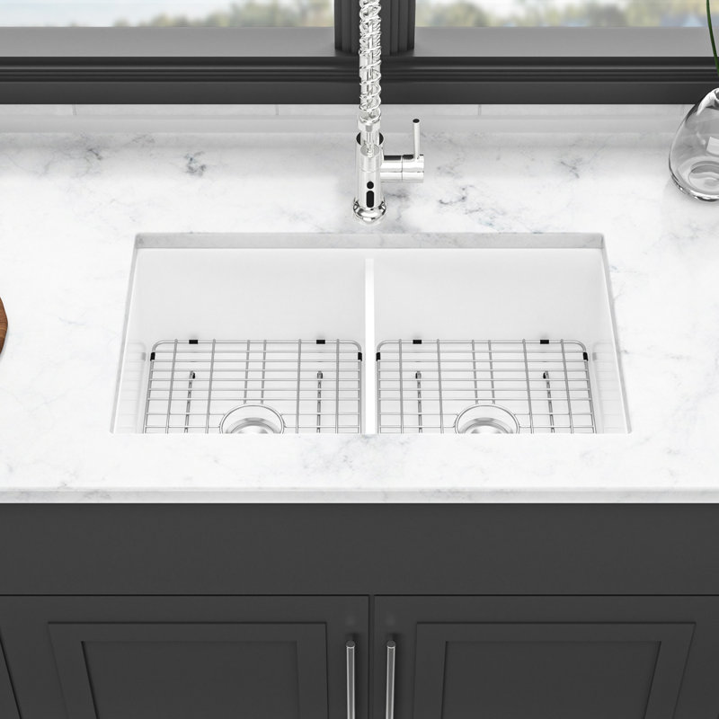 32" Double Bowl Ceramic Sink - White Rectangular Basin For Efficient Kitchen Processes Cleaning