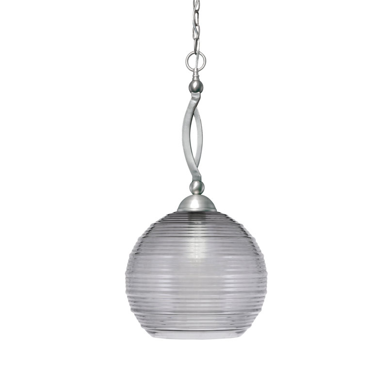 Luminaire suspendu à chaîne Sherwood illustré en nickel brossé avec verre côtelé fumée de 14 po