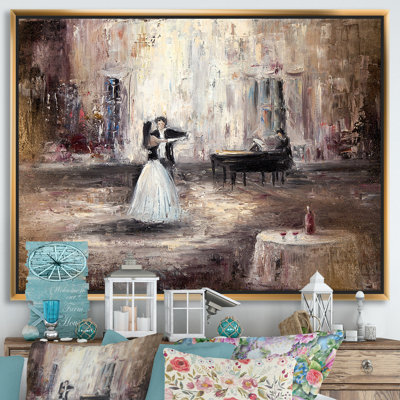 «Black and White Couple Dancing in Hall with Piano», reproduction d'art sur toile