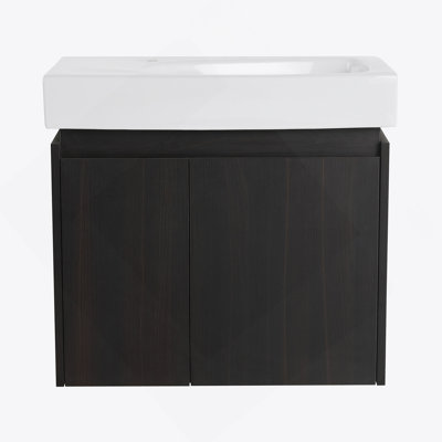 Meuble-lavabo 24 po avec lavabo en céramique, meuble-lavabo flottant mural, armoire de rangement en bois avec portes doubles pour la salle de bain, noir