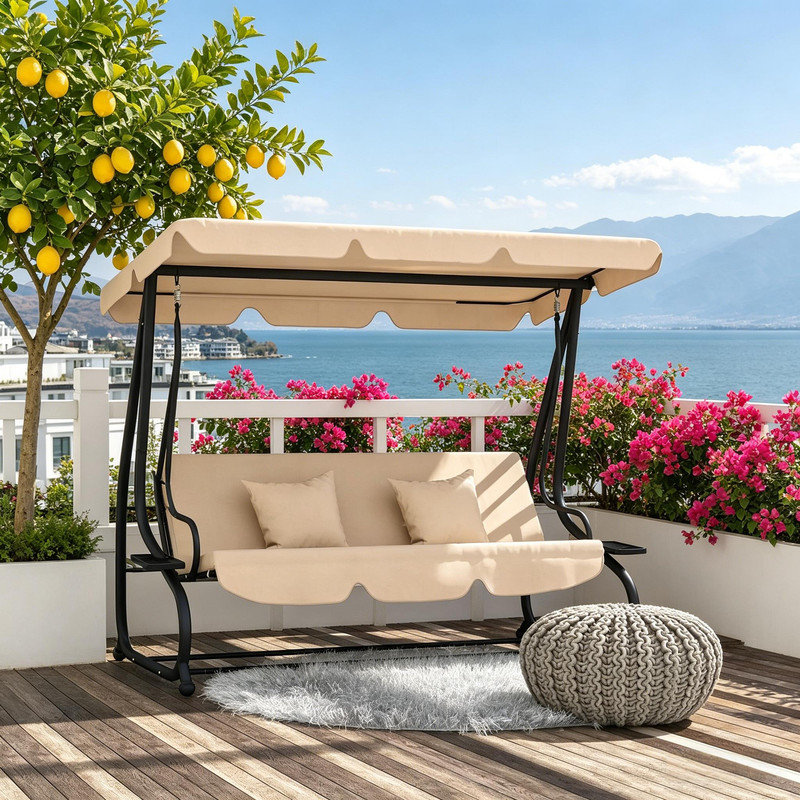 Balancelle de véranda autoportante grise avec auvent, sièges de balançoire indépendants et porte-gobelets pour terrasse, H 67 po