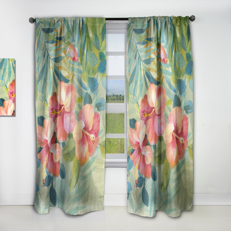 Floral Curtain Panel, Hibiscus Garden Pattern Blackout Decor - Hibiscus Garden III, 52" W x 95" L