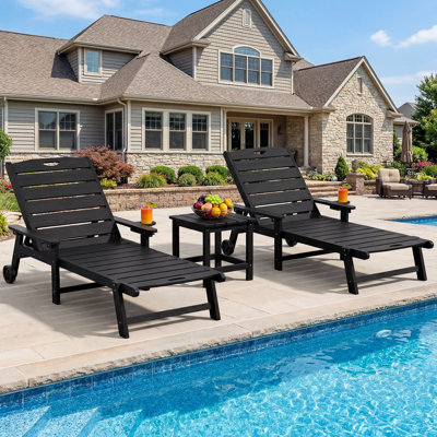 1 Piece HDPE Chaise Lounges – Adjustable 5-Position Outdoor Recliners with Wheels & Cup Holders, Weather-Resistant for Patio, Pool, Garden, Black