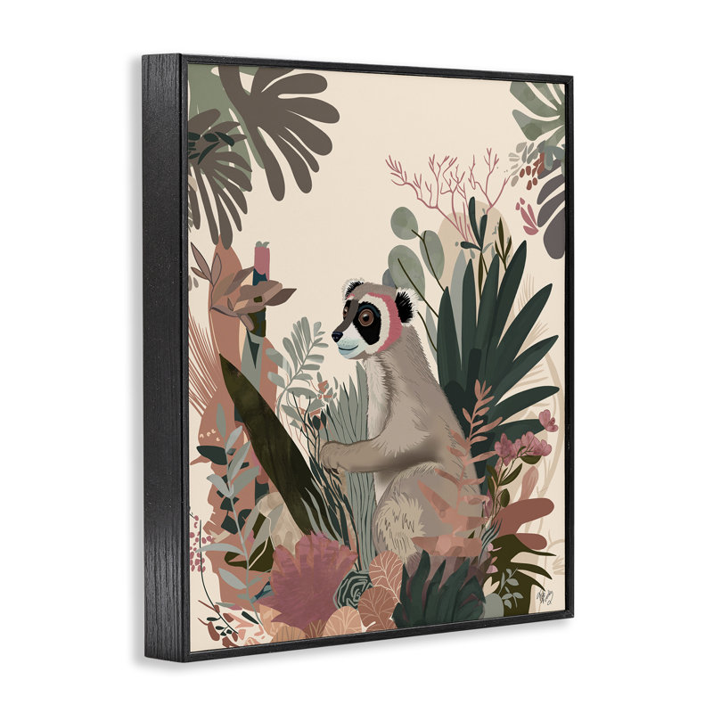 «Happy Lemur & Plants», estampe numérique encadrée par Fab Funky, H 14 po x l 11 po, Giclée encadrée noir minuit