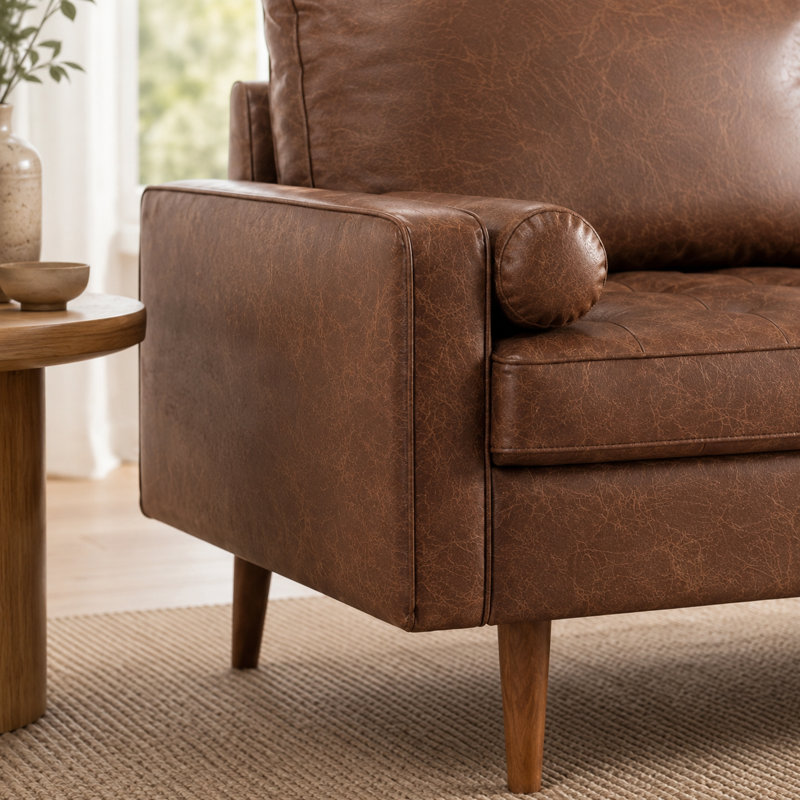 Aisha 70" Faux Leather Square Arm Loveseat, Dark Brown Faux Leather