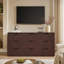 Commode cannelée l 63 po à 9 tiroirs, commode en bois à panneaux épais de 1,97 po avec plateau en faux marbre et base robuste, chêne brun-1201323147