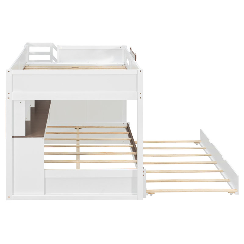 Lit superposé double au-dessus de double avec lit gigogne simple et escalier, tablettes, DEL, blanc, Blanc