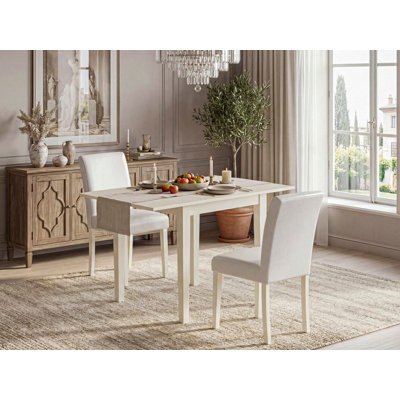 L'ensemble de table de cuisine 3 pièces comprend une table de salle à manger rectangulaire avec Dropleaf et 2 chaises Parsons en similicuir blanc, lin blanc