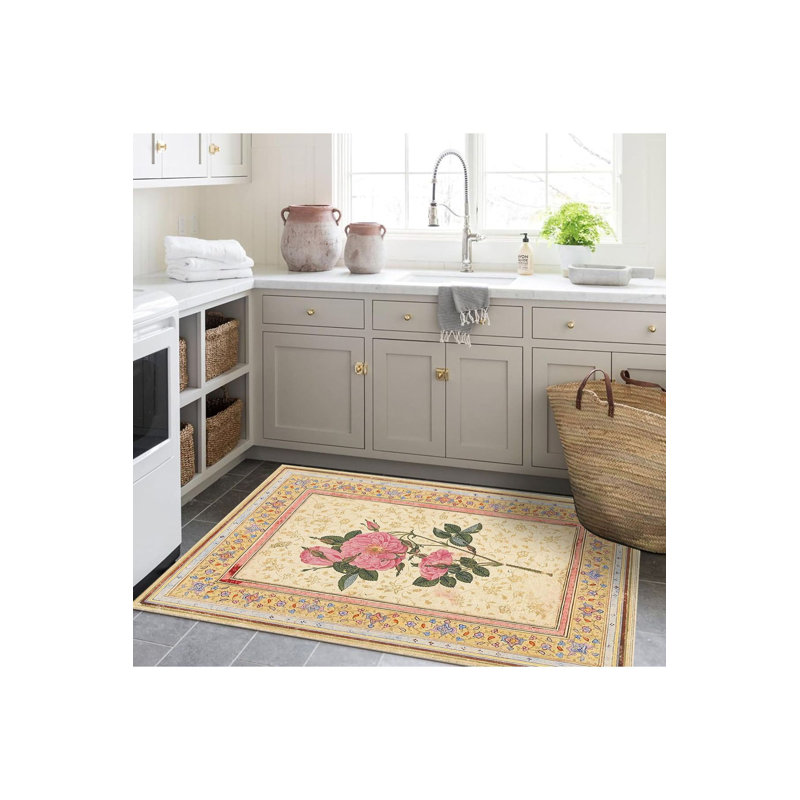 Tapis rose à motif tissé beige et rose, Sous-tapis rectangulaire 4 pi 7 po x 6 pi 7 po inc