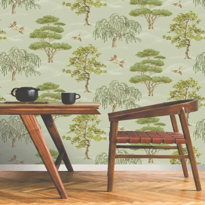 Mauve Green Willow Woodland Birds Trees Forest Vintage Paper Clevenger Matte Wallpaper Roll