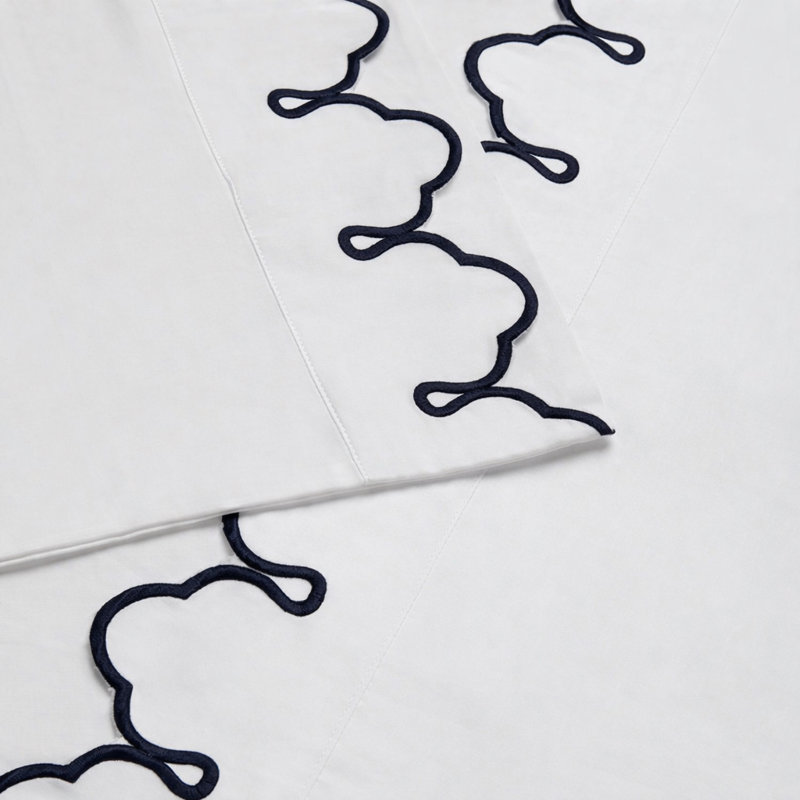 Scalloped 100% Cotton Standard Sheet Set, Queen Sheet Set, White Navy