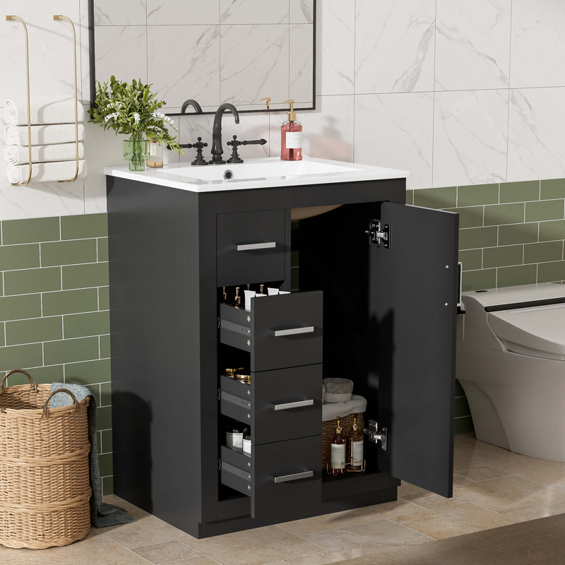 Meuble-lavabo 24 po avec lavabo intégré en céramique, meuble-lavabo à une porte, 3 tiroirs et meuble-lavabo simple pour petite et moyenne salle de bain