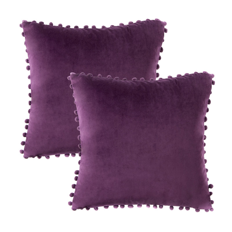 Coussin Silky Velvet Series Pom-poms, Mauve foncé, Carré 18 po, Housse de coussin et insert