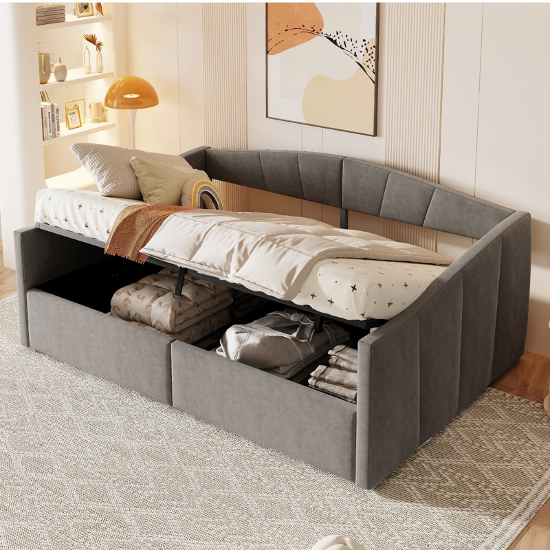 Daybed With Hydraulic Storage & Drawers, European Double (140 x 200 cm), Dark Grey