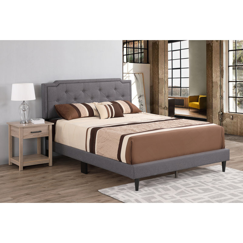 Upholstered Bed Frame With Button Tufted Headboard, Gray, Queen