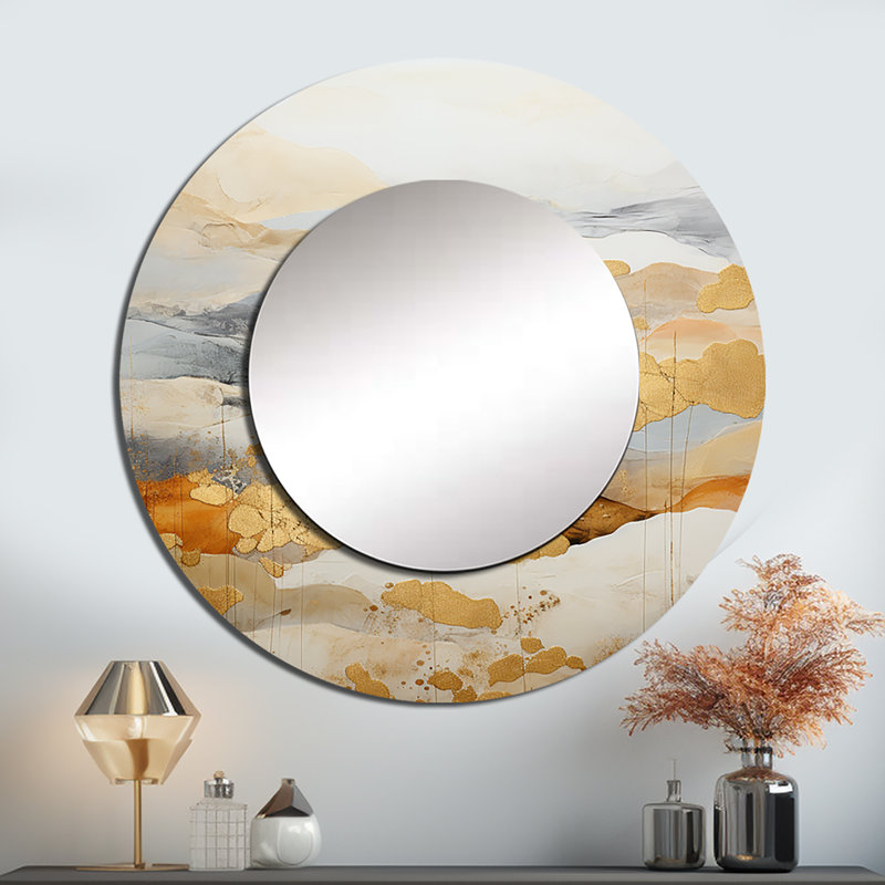Rino beige et doré Minimal Expression II - miroir mural décoratif de formes abstraites, miroir rond beige, impression d'art en métal