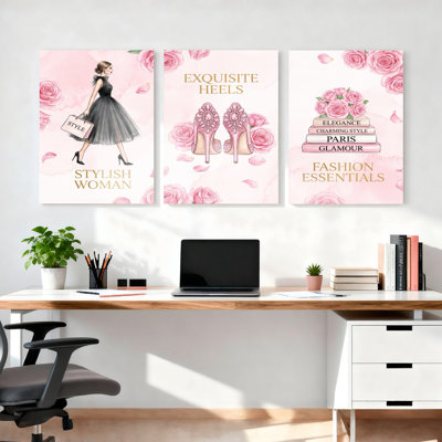 Floral Fashion Woman Heels And Roses Canvas Wrapped Wall Art Oil Painting Print Set Of 3 For Living Room Bedroom Decor