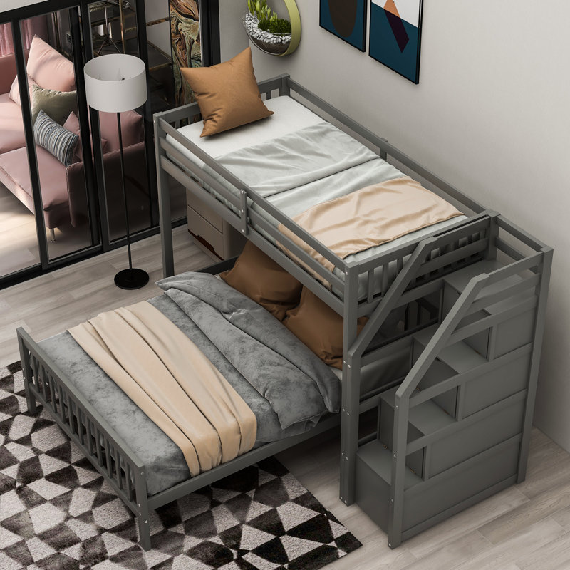 Lit mezzanine simple au-dessus d'un lit double avec escalier, gris, Gris