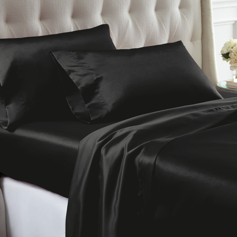 Ensemble de draps en satin Burlison, Noir, Très grand californien