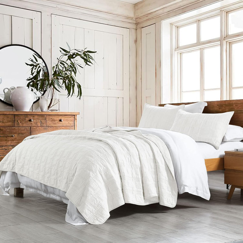 Ensemble de courtepointe 100% coton de très grande taille, ensemble de couvre-lit 3 pièces prélavé blanc