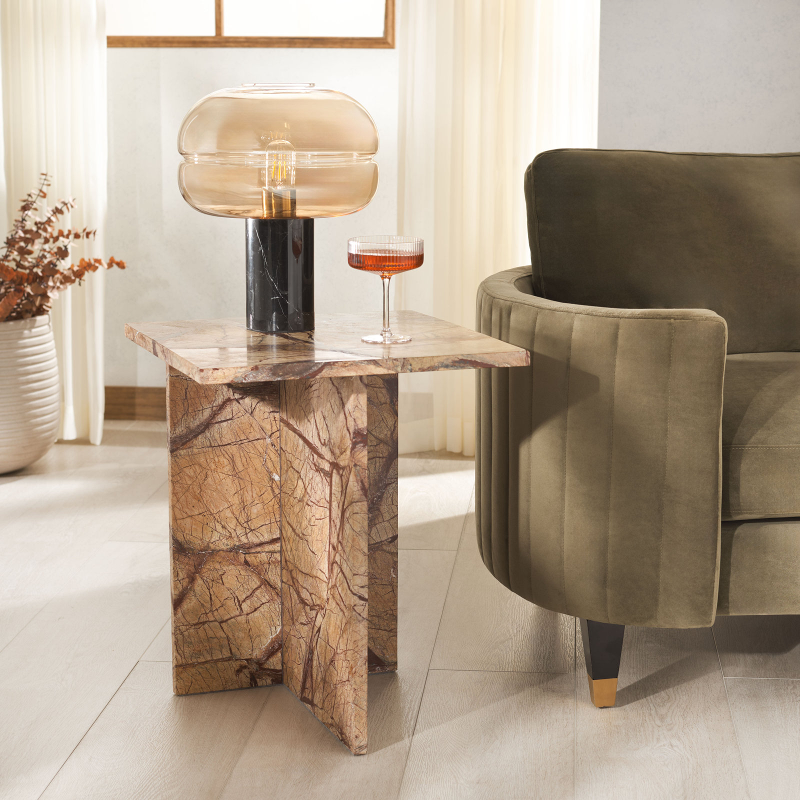 18" Genuine Marble End Table, Beige