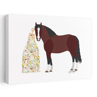 Femme et cheval, art mural minimaliste, fleur, nature