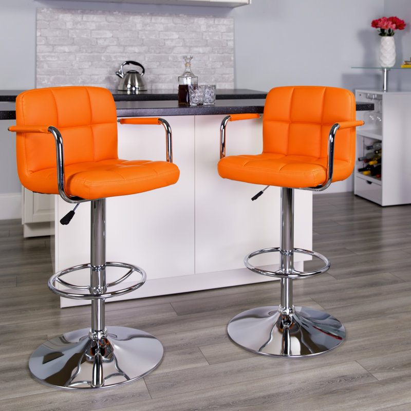 Contemporary Orange Quilted Vinyl Adjustable Swivel Barstool with Chrome Base