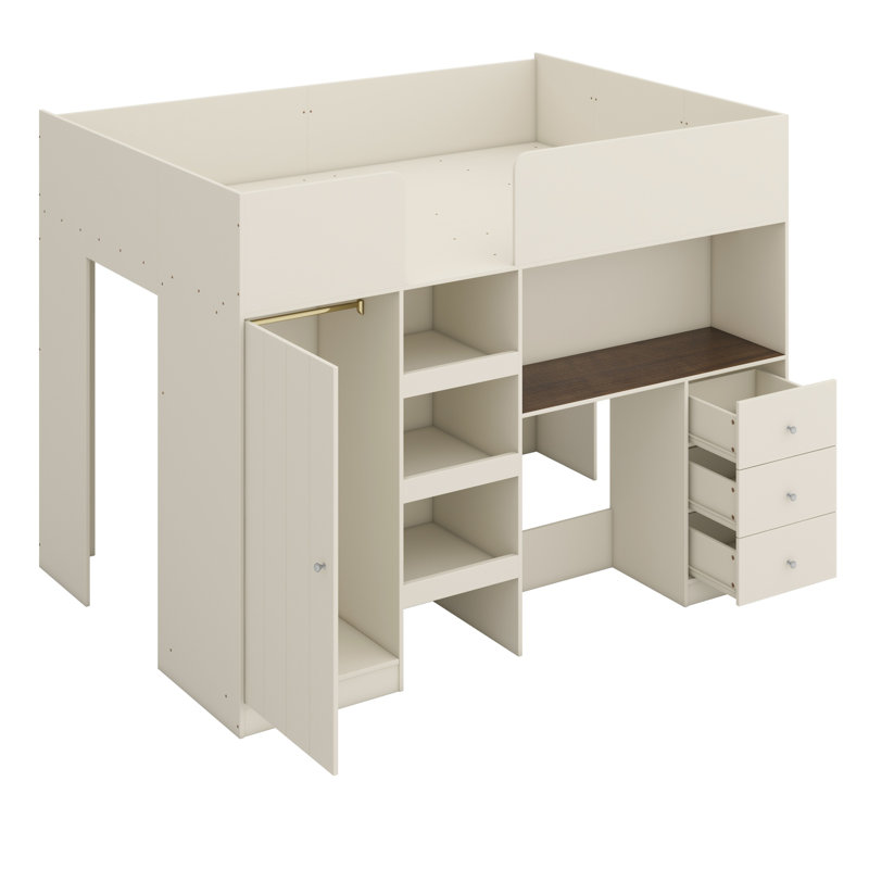 Lit mezzanine en bois avec garde-robe intégré, bureau, tablettes de rangement et tiroirs, Beige