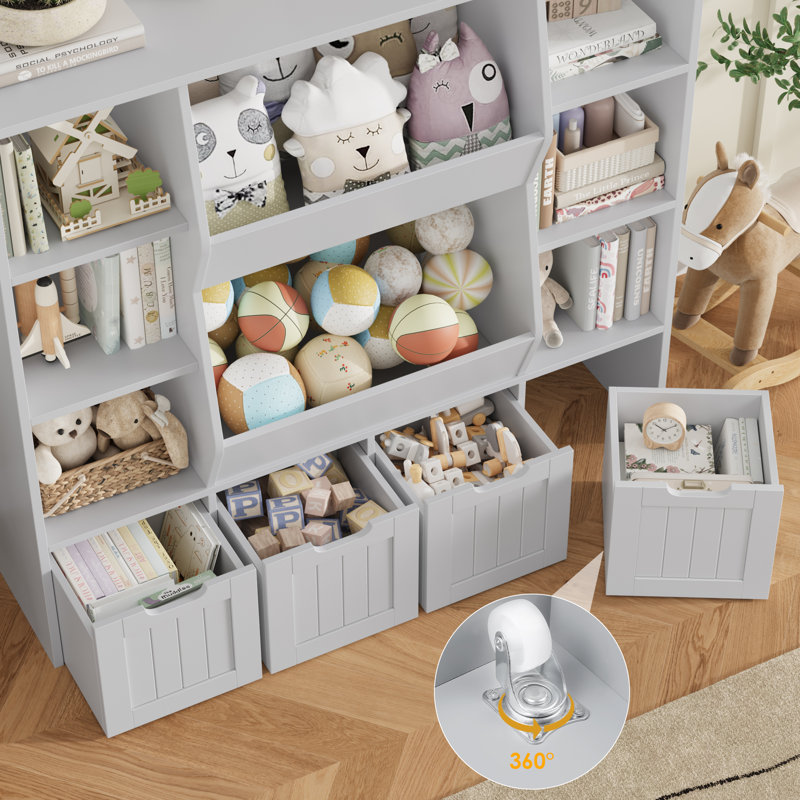 49'' H X 46.5'' W Furniture Cube Bookcase, With 4 Removable Drawers, Wood Storage Standard Bookshelves, Gray