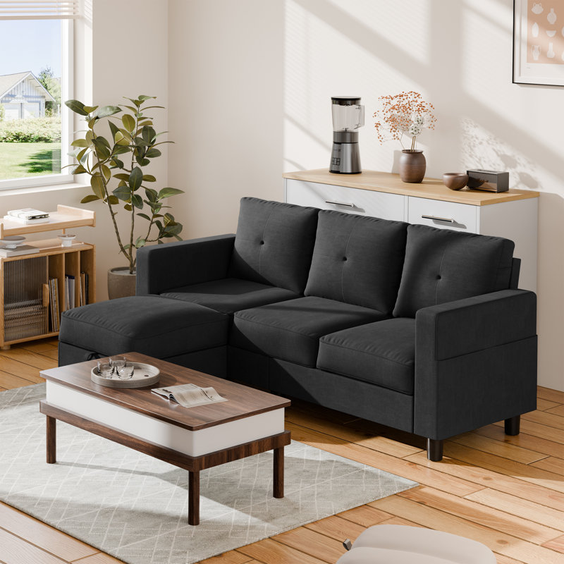  Degnan 76.4'' Upholstered Sofa Chaise, Black Cotton Blend