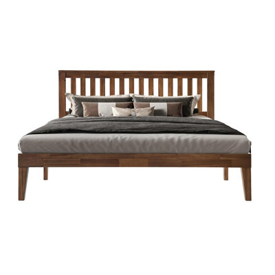Japer Full Size Bed Frame with Headboard & Footboard, Solid Wood Platform Bed, 12 Sturdy Slatted Structure with Metal Legs, Anti-Noise & Slip-Free, Walnut Finish