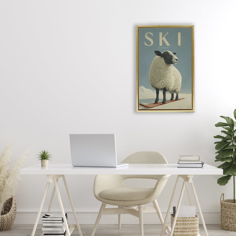 Cadre flottant en forme de mouton Ski Aspen, design par Annabelle Hall, H 25 po x l 17 po, Cadre flottant métallique doré