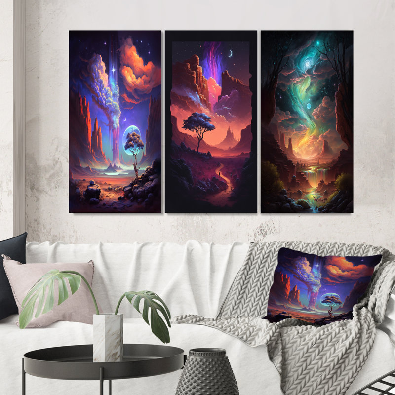 «Fantasy Desert Dunes Landscape», 3 pièces sur toile, Toile tendue, H 32 po x l 48 po