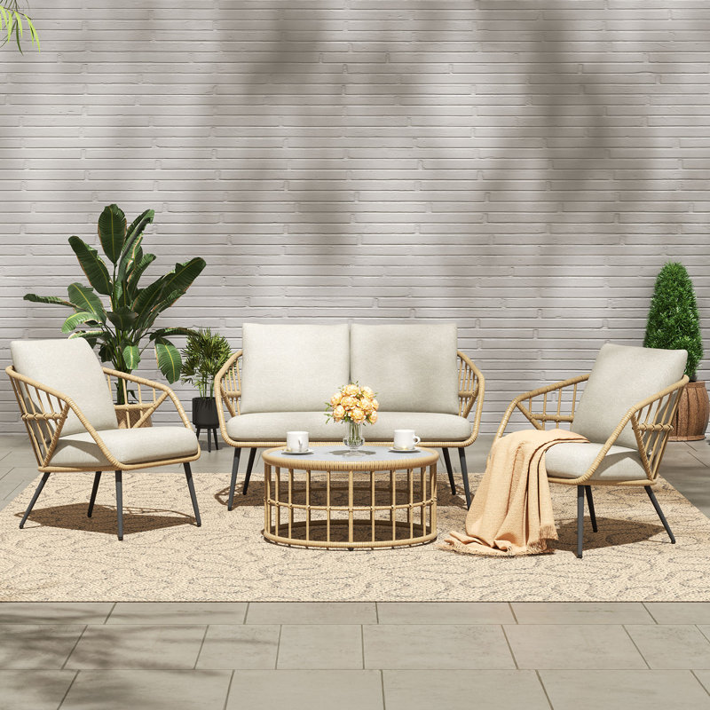 4 Pieces Rattan Outdoor Patio Furniture Set With Thick Cushions