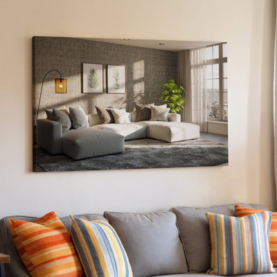 Canvas A Cozy Contemporary Living Room Featuring A Plush Light Colored Wall Art Sectional Sofa Adorned With Soft Textured Pillows In Canvas Wall Art