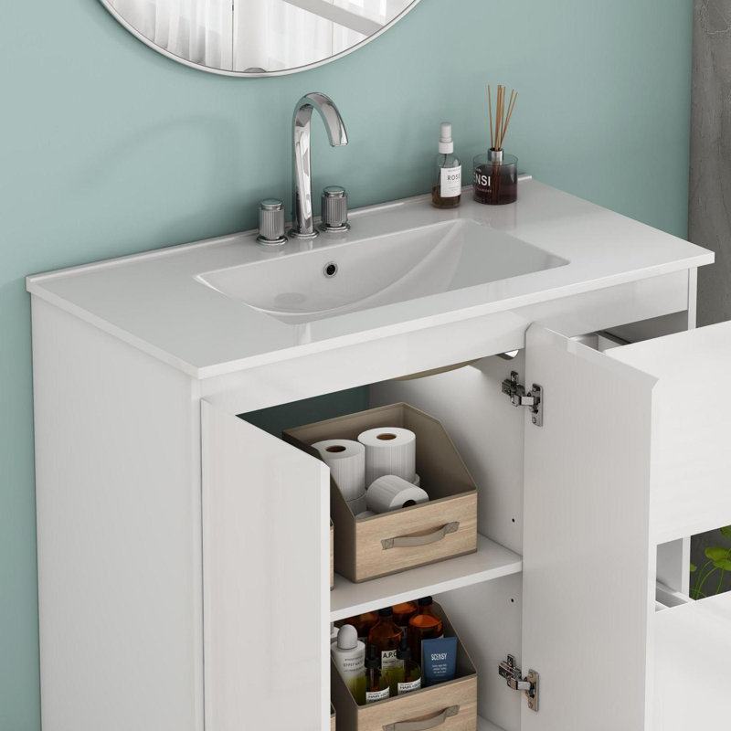 Lavabo de salle de bain en céramique 36 pouces avec trous de robinet polyvalents