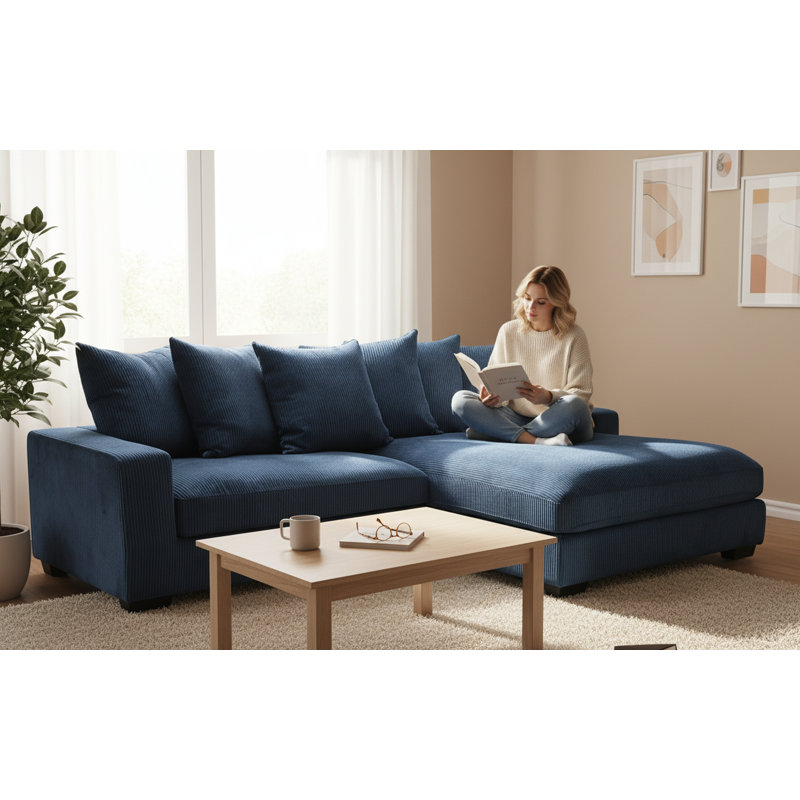 2 - Piece Upholstered Sectional, Right Hand Facing, Blue Corduroy
