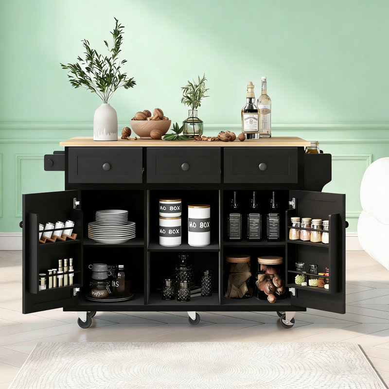 Chariot de cuisine polyvalent avec comptoir rabattable, armoire de rangement et tiroirs sur roulettes pour une utilisation efficace de l'espace